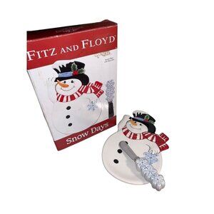 Fitz And Floyd Snow Days Snack Plate With‎ Spreader 2009 Snowman Snowflakes NIB